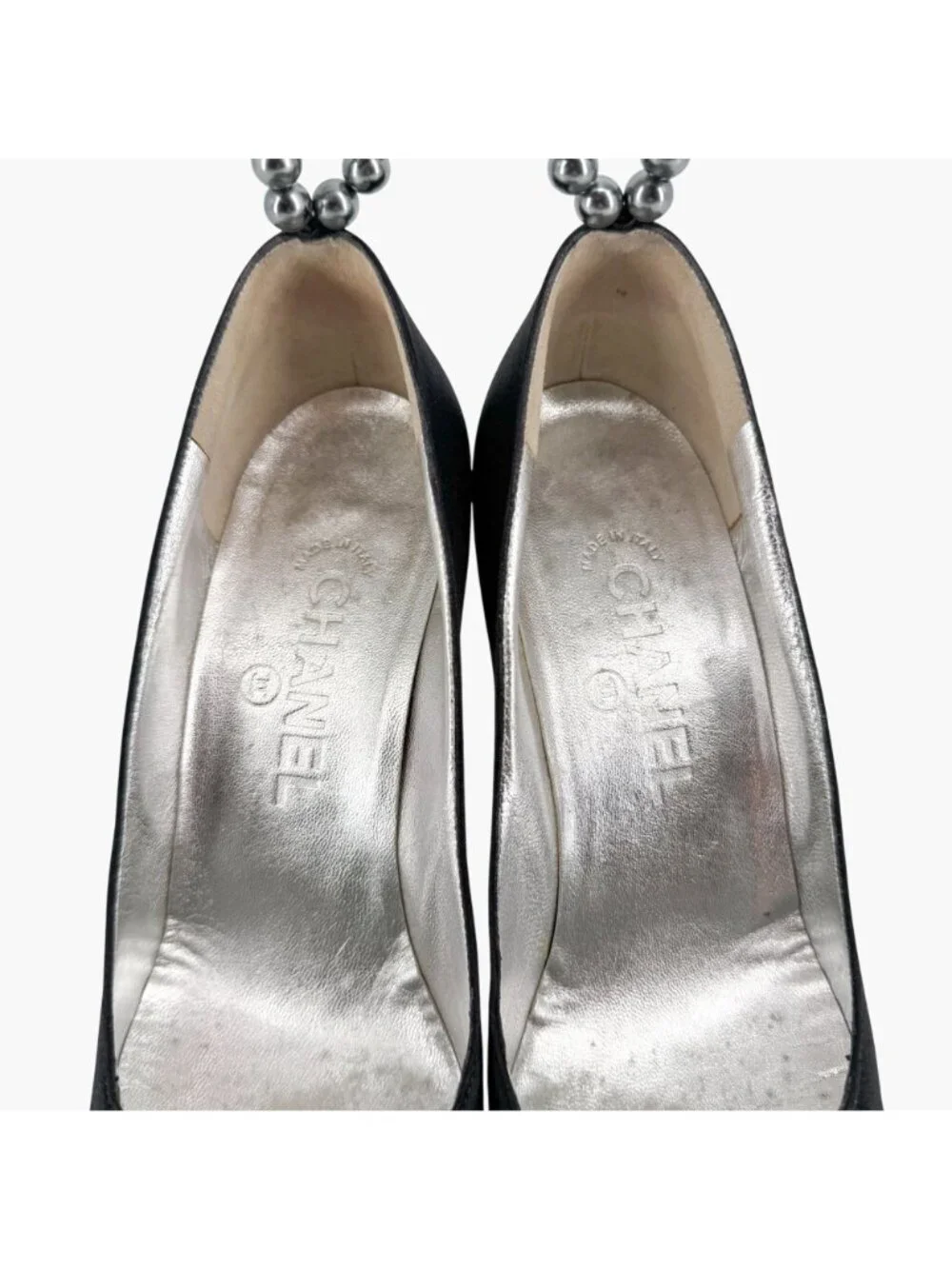 Chanel Pearl Ankle Strap Pumps Heels Black Satin Size 38 US 7–7.5 Women Anklet - Picture 4 of 15